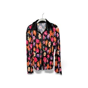 Shellsea Black Pink Floral Ribbed Button Down Blouse Long Sleeve L